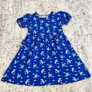 Mini Boden Girls Size 7/8 Blue Bird Print Puff Sleeve Dress VGUC